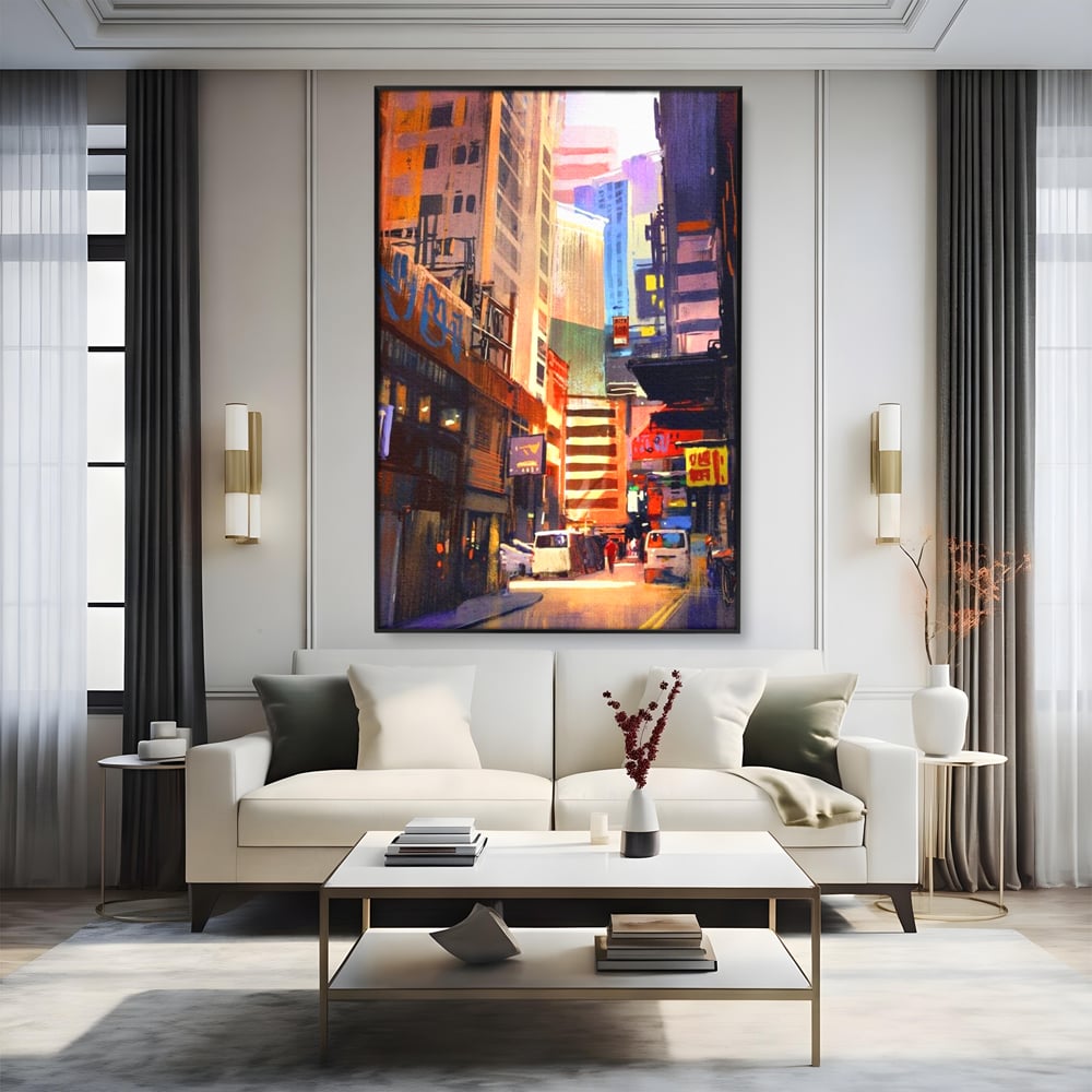 Tablou canvas cu pictura digitala cu strazi inguste, in rama de aluminiu negru, pe perete intr-un living